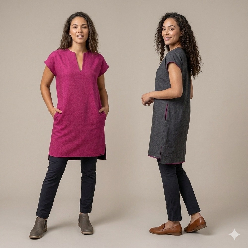Betabrand Reversible Tunic‎ Dress Women Medium Gray Pink Cap Sleeve Split V-Neck